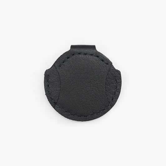Black leather AirTag holder for cats with gold button, handmade from Italian leather on a white background