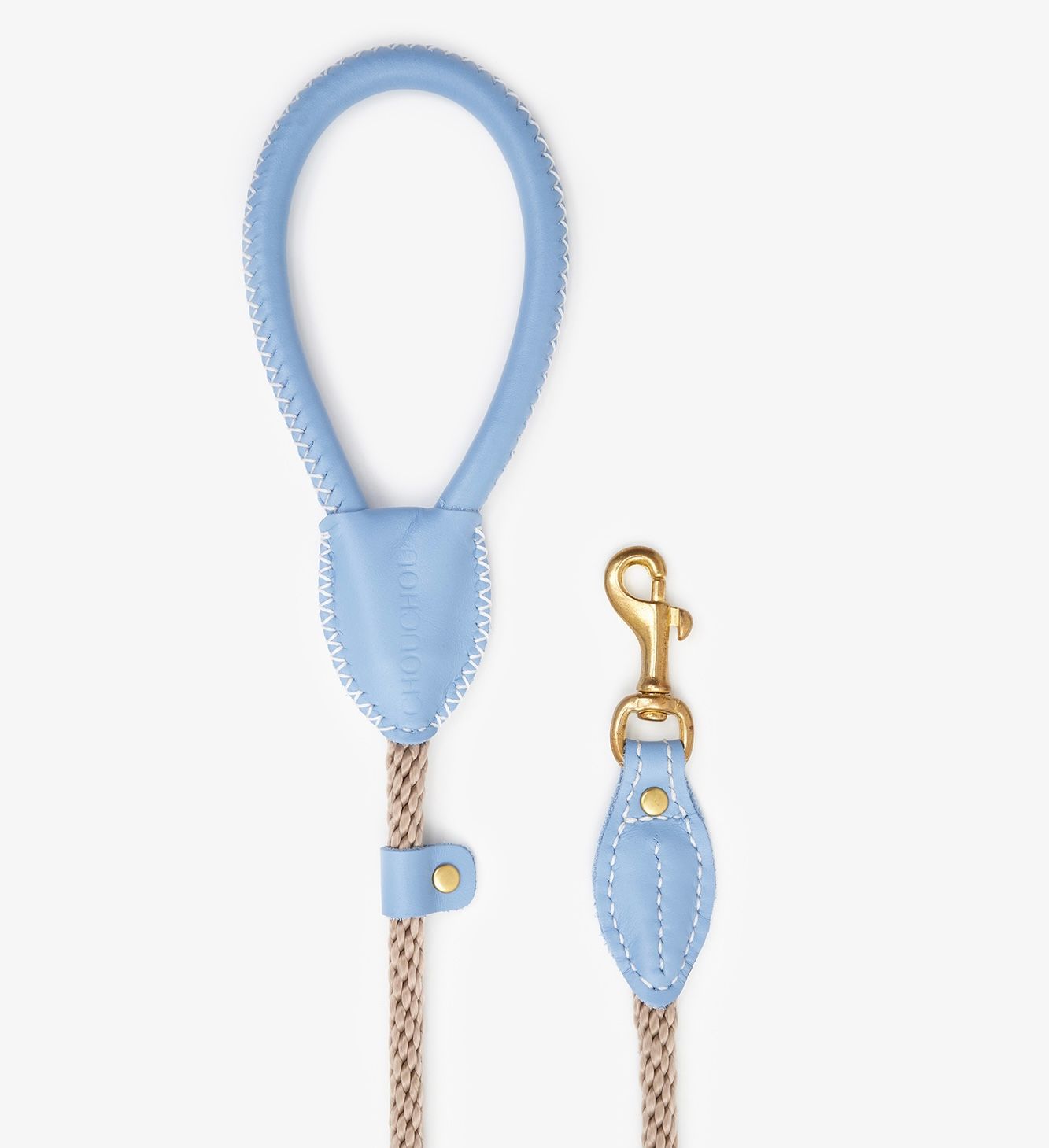 Side view of a designer light blue leather dog leash with gold clasp and braided rope for added strength