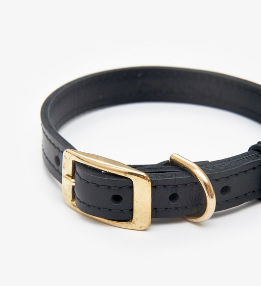 Closeup view of a luxury black leather dog collar with premium stitching and elegant design