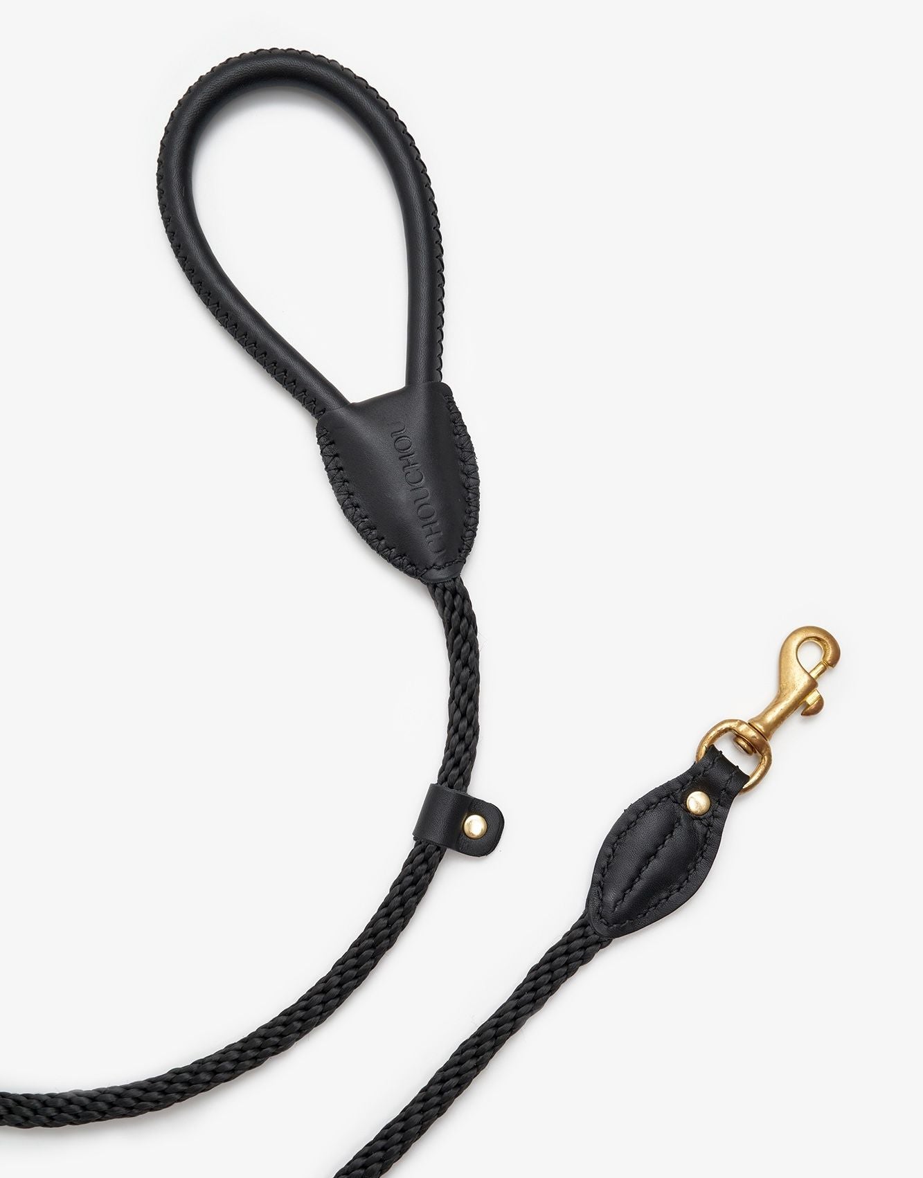 full view of a luxury black leather dog leash with durable rope and premium stitching detail