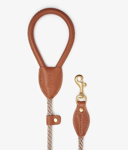 Full view view of a luxury brown leather dog leash with durable rope and premium stitching detail