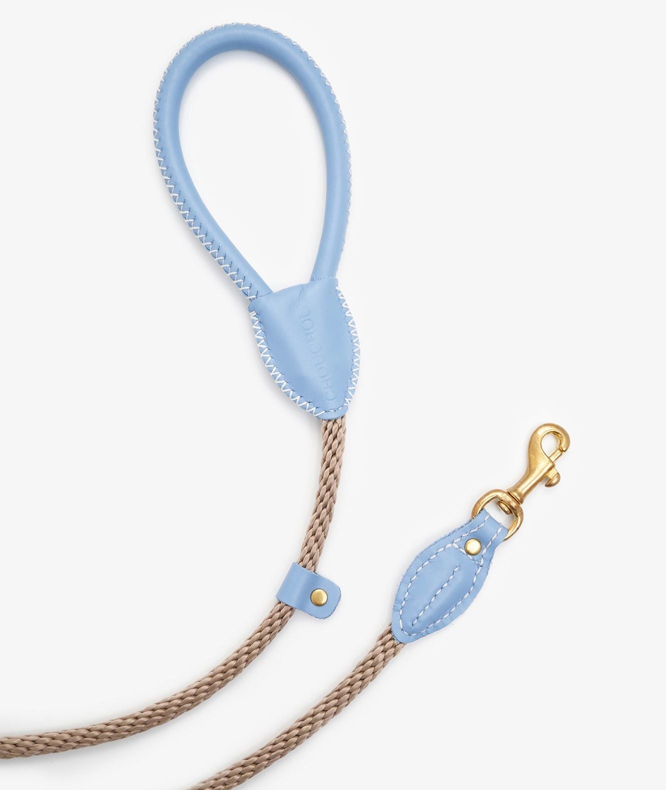 Full view view of a luxury light blue leather dog leash with durable rope and premium stitching detail