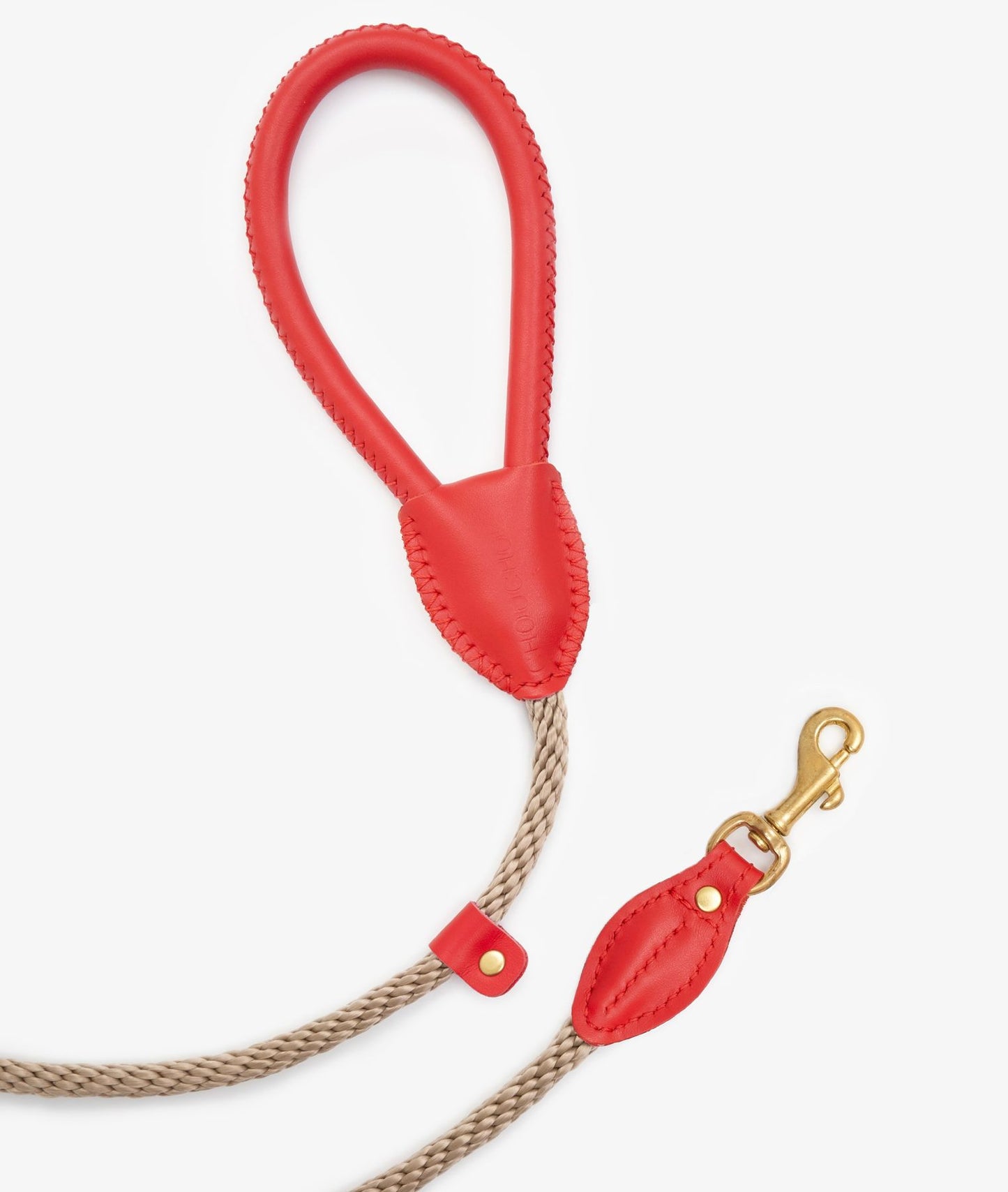 Full view view of a luxury red leather dog leash with durable rope and premium stitching detail