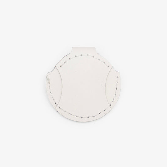 Milk-White leather AirTag holder for cats with gold button, handmade from Italian leather on a white background