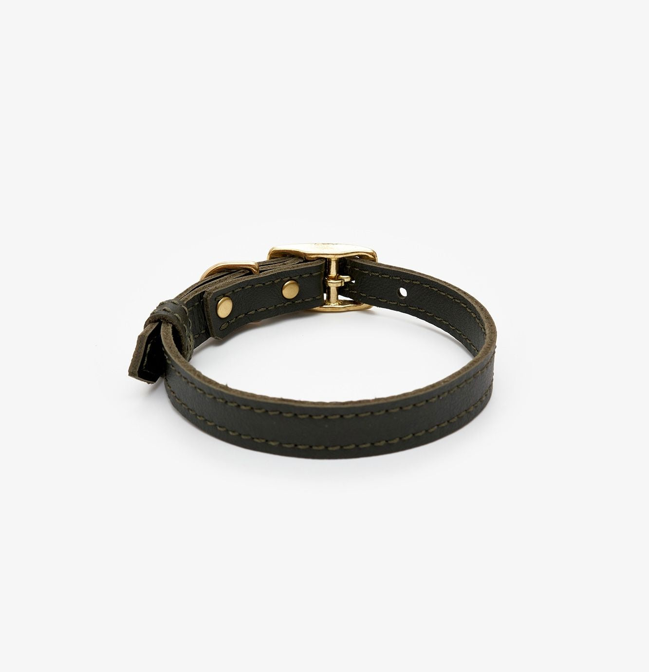 Side view of a premium olive leather dog collar featuring a gold buckle for a touch of elegance