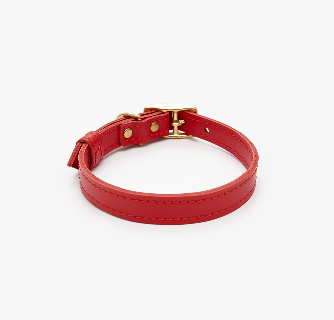 Side view of a premium red leather dog collar featuring a gold buckle for a touch of elegance