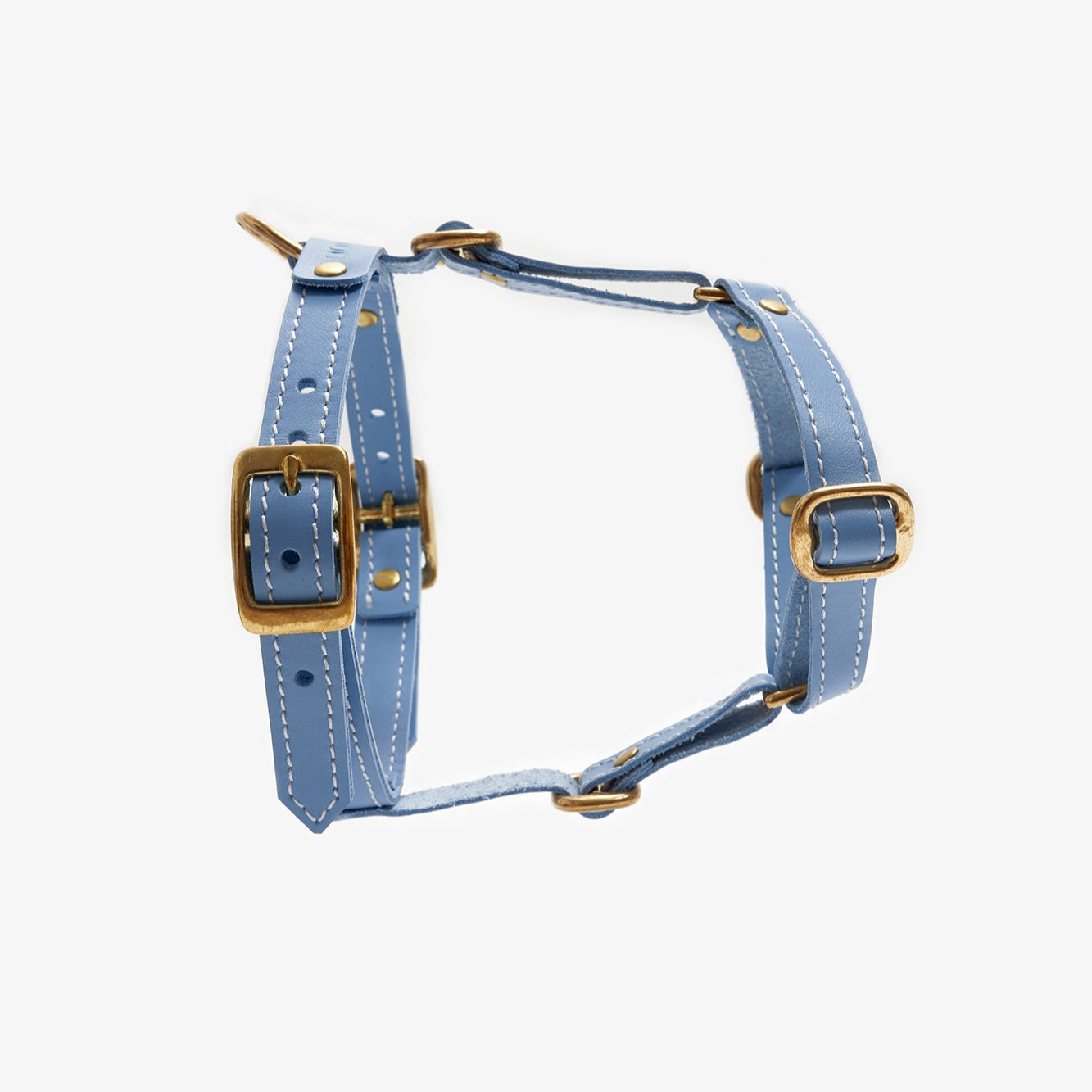 Side view of a designer light-blue leather dog harness featuring sleek lines, durable hardware, and a minimalist design