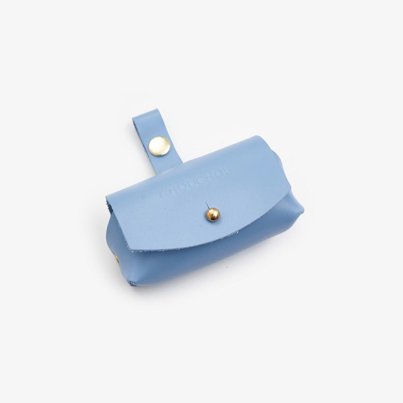 Light-Blue Italian leather dog waste bag dispenser with gold hardware on a white background