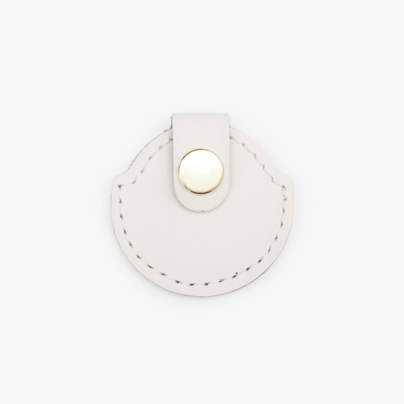 Milk-White leather AirTag holder with gold button, handmade from Italian leather on a white background