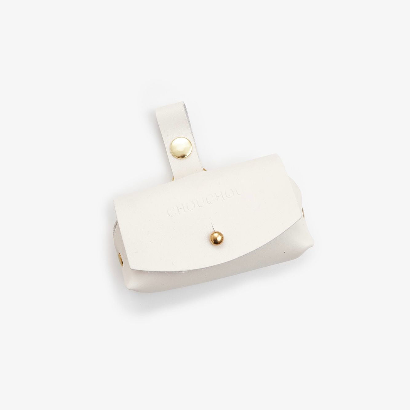 milk-white Italian leather dog waste bag dispenser with gold hardware on a white background