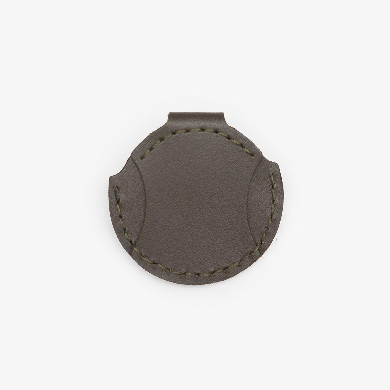 Olive leather AirTag holder for cats with gold button, handmade from Italian leather on a white background