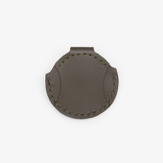 Olive leather AirTag holder for cats with gold button, handmade from Italian leather on a white background