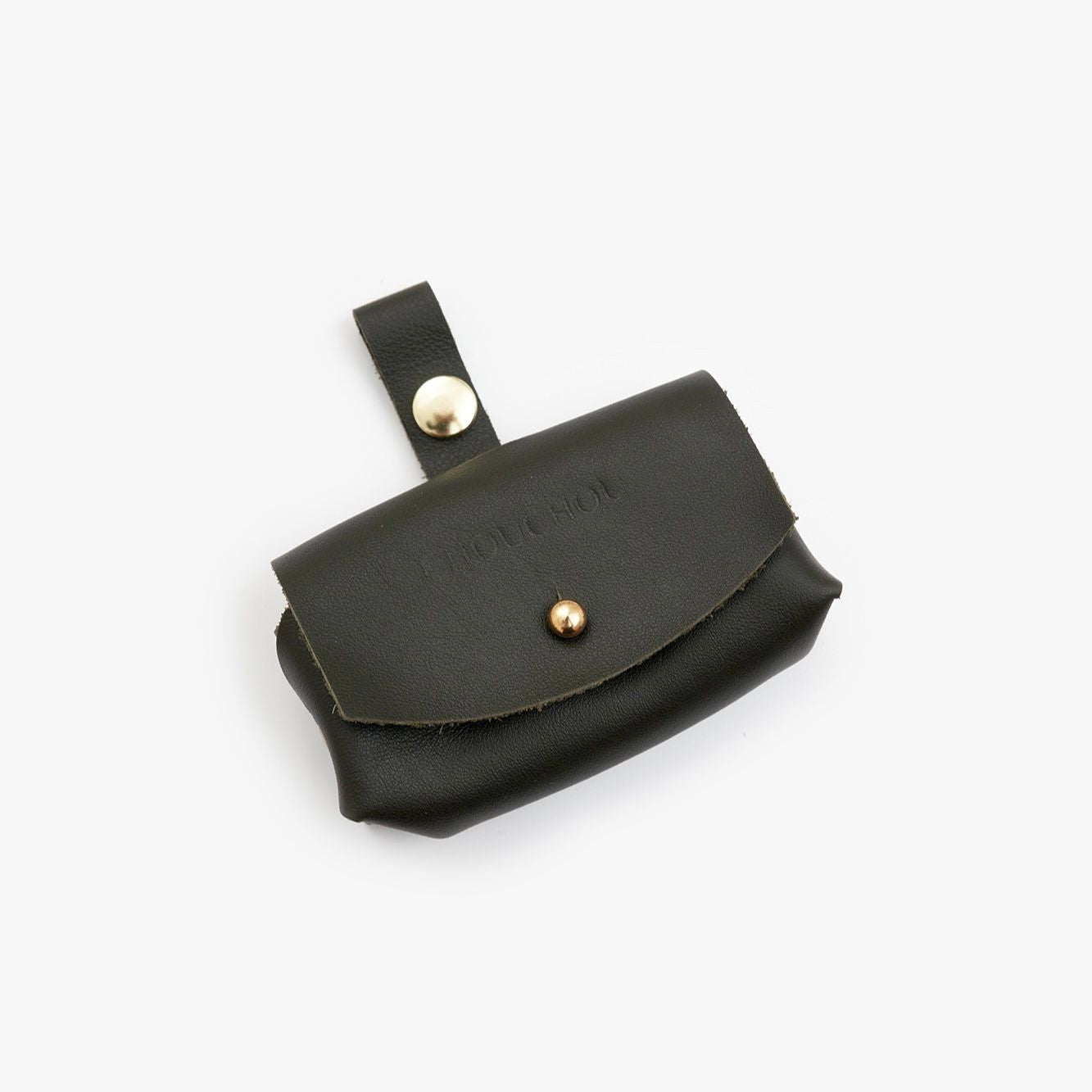 Olive Italian leather dog waste bag dispenser with gold hardware on a white background