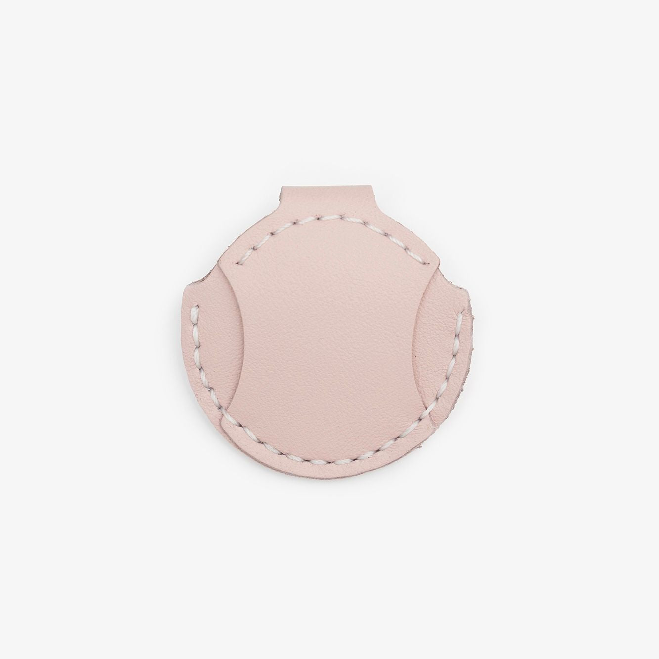 Pink leather AirTag holder for cats with gold button, handmade from Italian leather on a white background