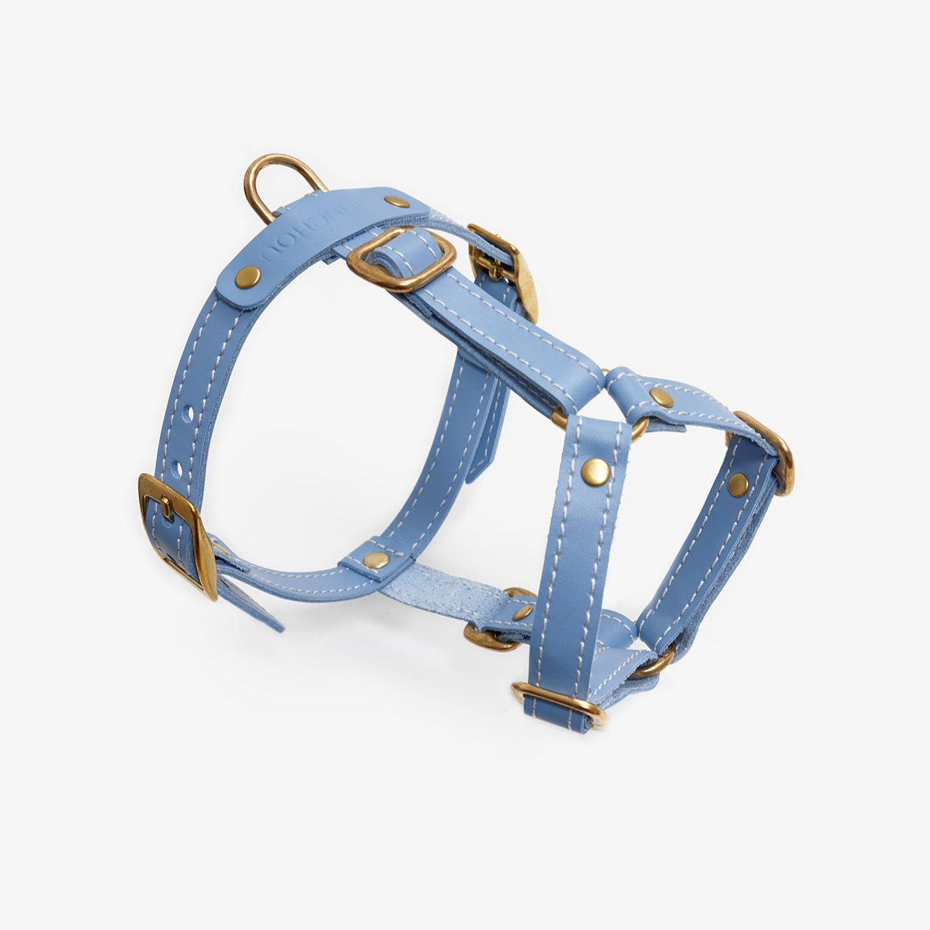 Premium light-blue dog harness made from high-quality leather with stylish hardware, offering freedom of movement