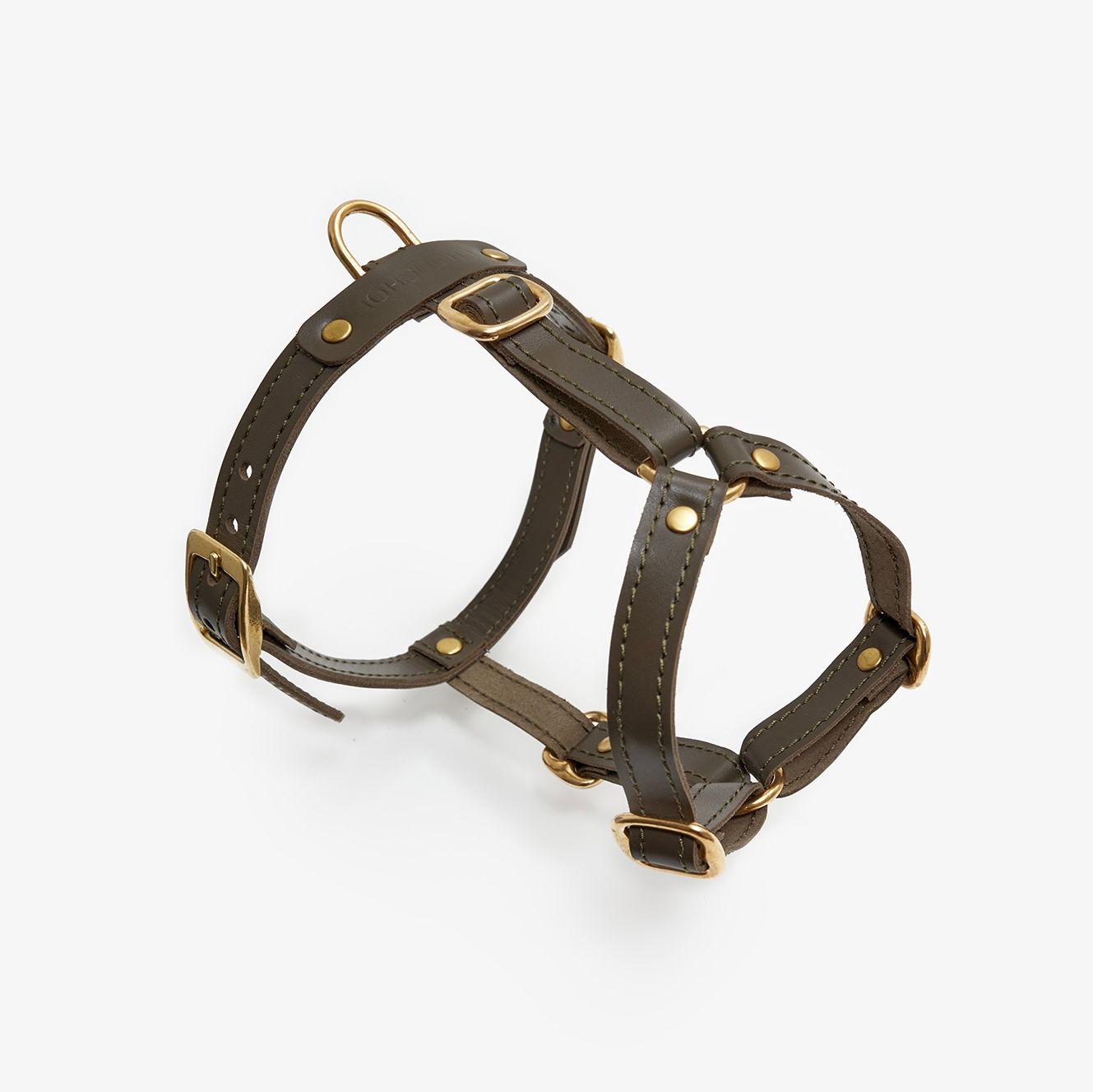 Premium olive dog harness made from high-quality leather with stylish hardware, offering freedom of movement